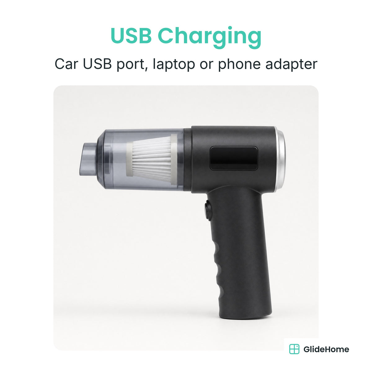 Mini Cordless Car Vacuum - USB Charging. Car USB port, laptop or phone adapter