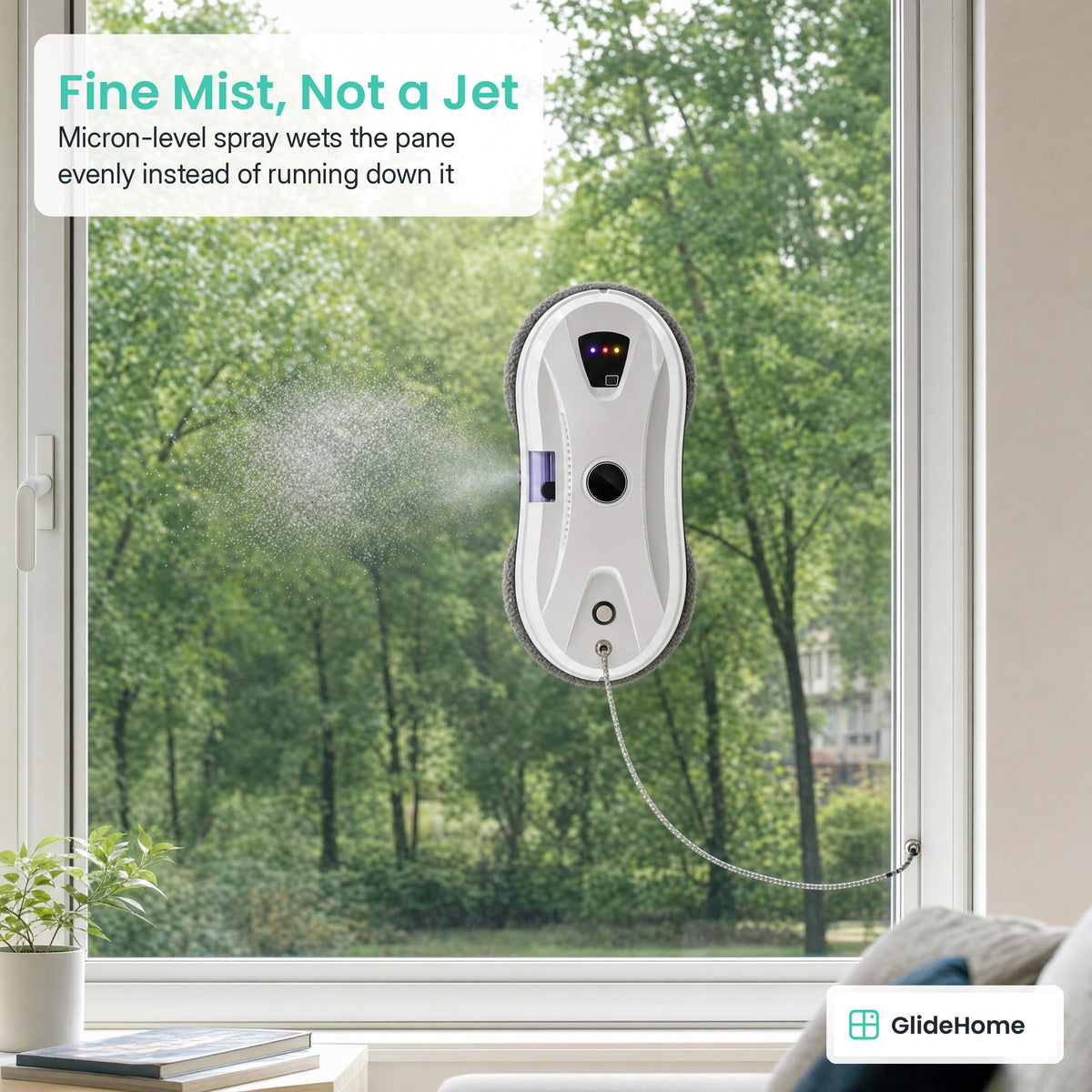 Mist Spray Window Cleaning Robot - Fine Mist, Not a Jet. Micron-level spray wets the pane evenly instead of running down it