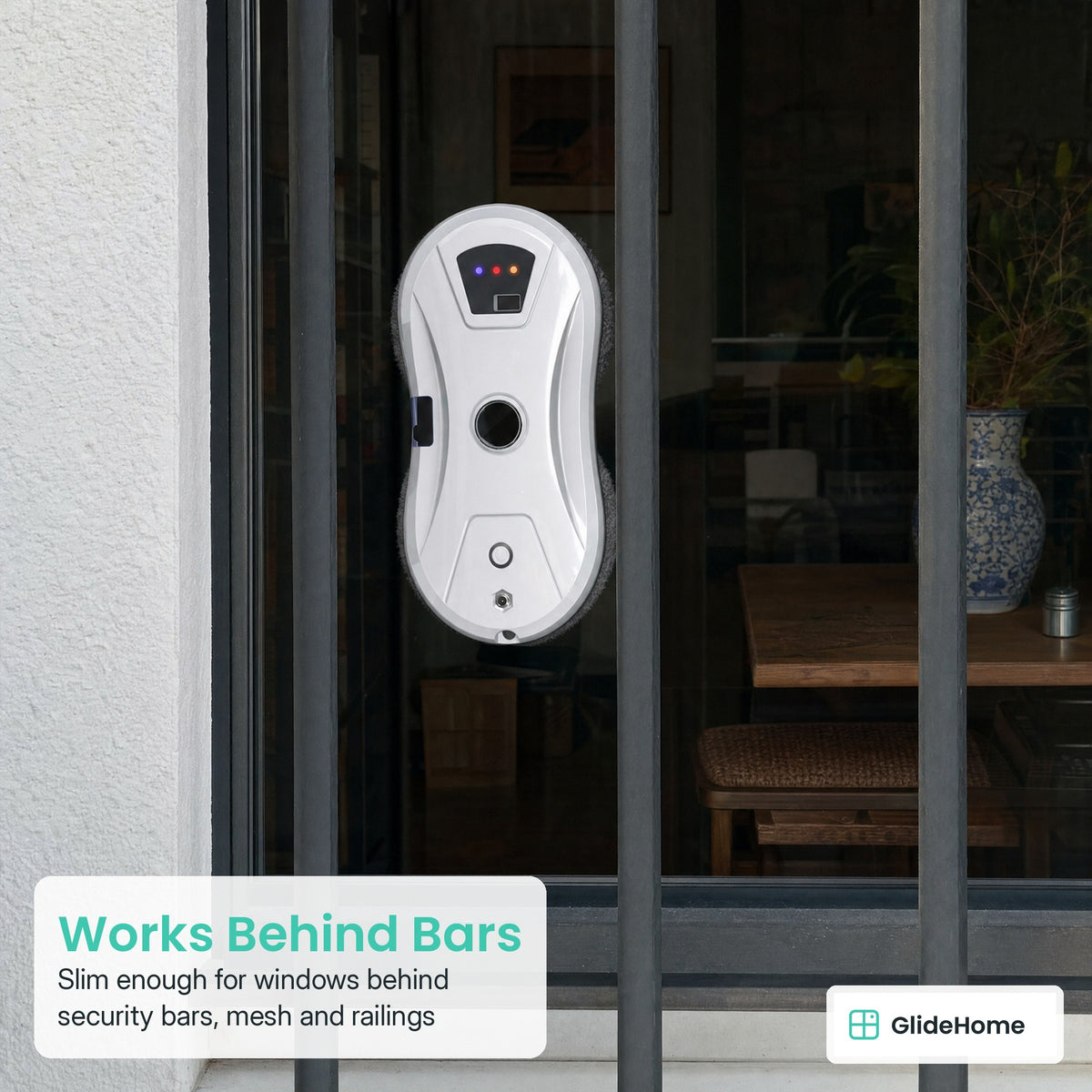 Mist Spray Window Cleaning Robot - Works Behind Bars. Slim enough for windows behind security bars, mesh and railings