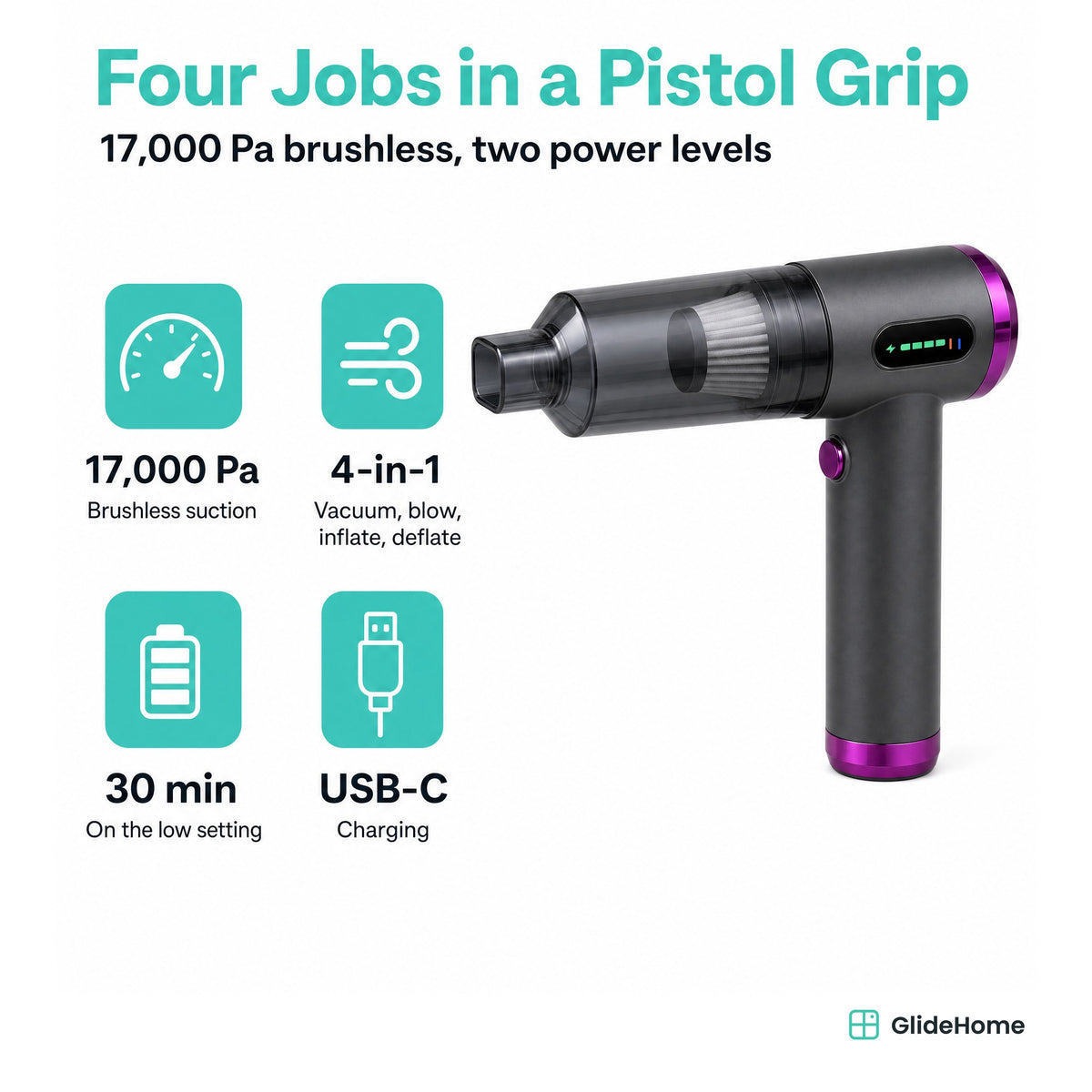 Pistol-Grip Cordless Car Vacuum & Air Blower - specifications