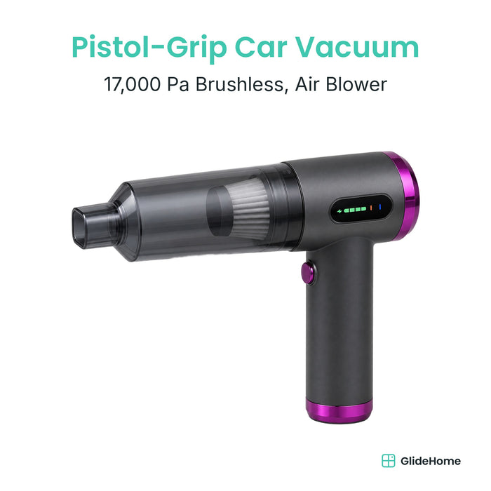 Pistol-Grip Cordless Car Vacuum & Air Blower - 17,000 Pa Brushless, Inflator & Deflator, 7 Nozzles
