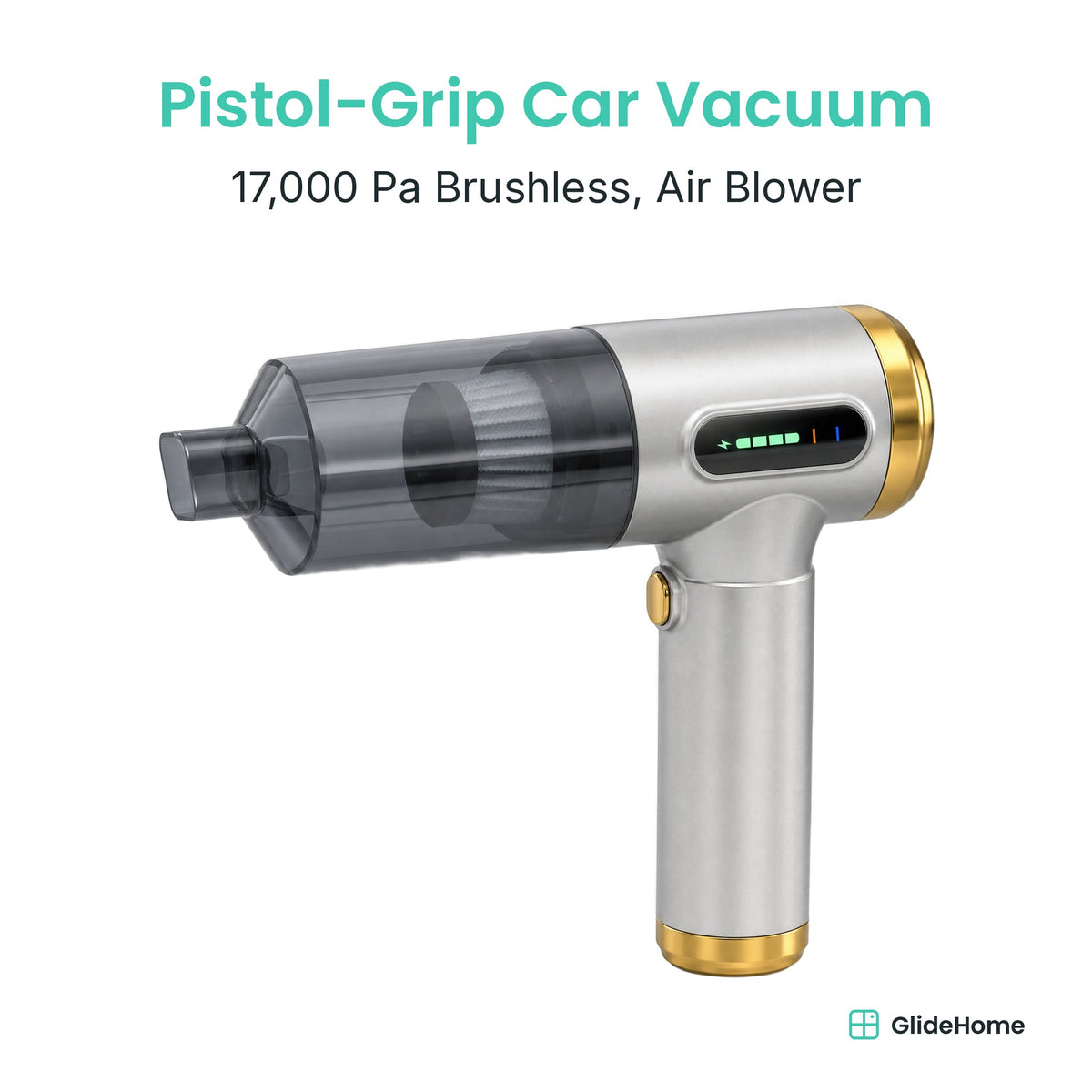 Pistol-Grip Cordless Car Vacuum & Air Blower in silver - 17,000 Pa Brushless, Air Blower