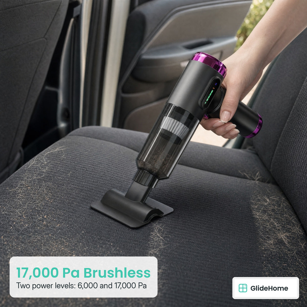 Pistol-Grip Cordless Car Vacuum & Air Blower - 17,000 Pa Brushless. Two power levels: 6,000 and 17,000 Pa