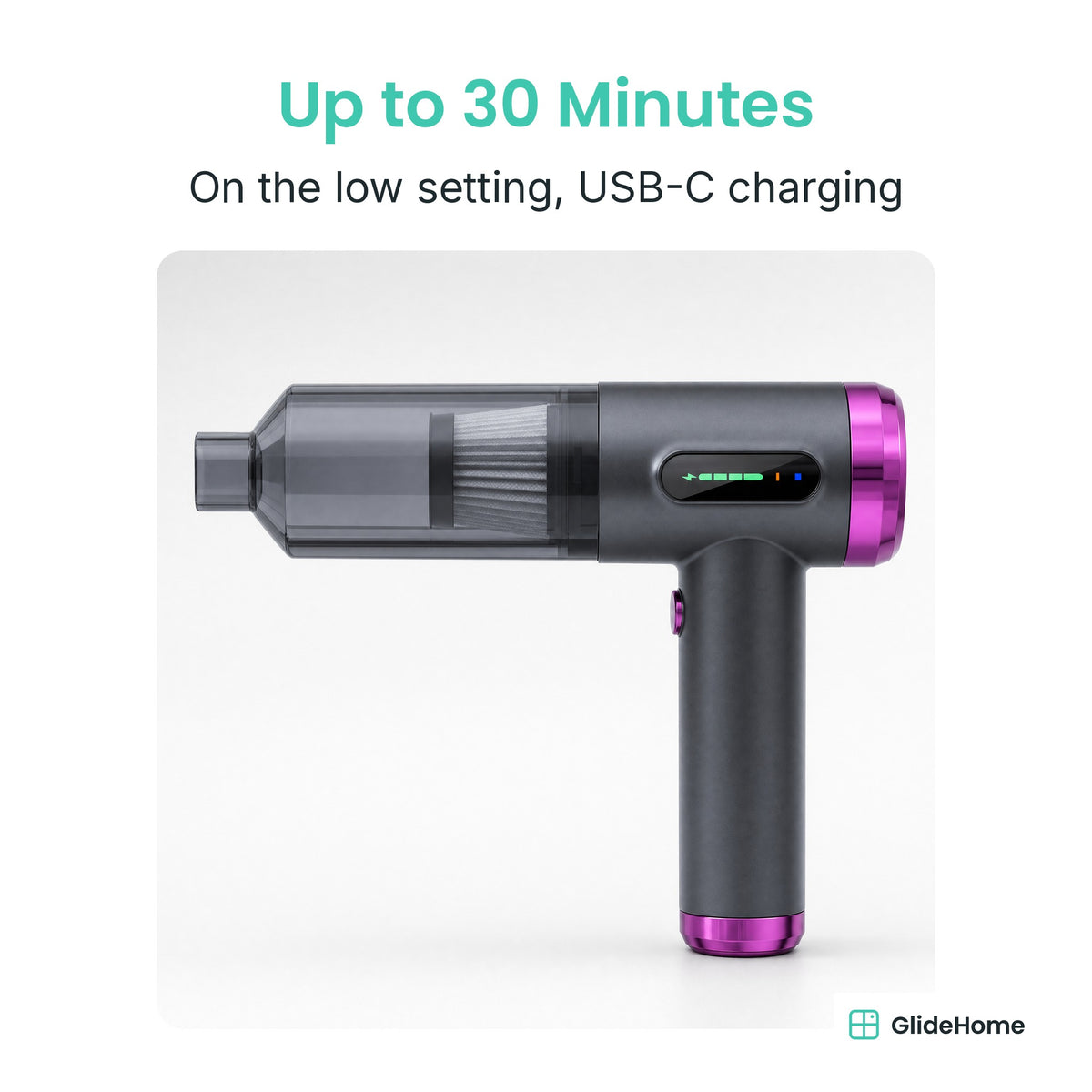 Pistol-Grip Cordless Car Vacuum & Air Blower - Up to 30 Minutes. On the low setting, USB-C charging
