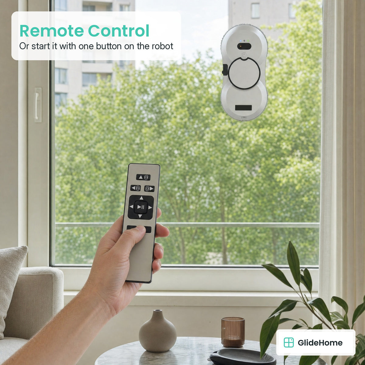 Ring-Mop Window Cleaning Robot - Remote Control. Or start it with one button on the robot