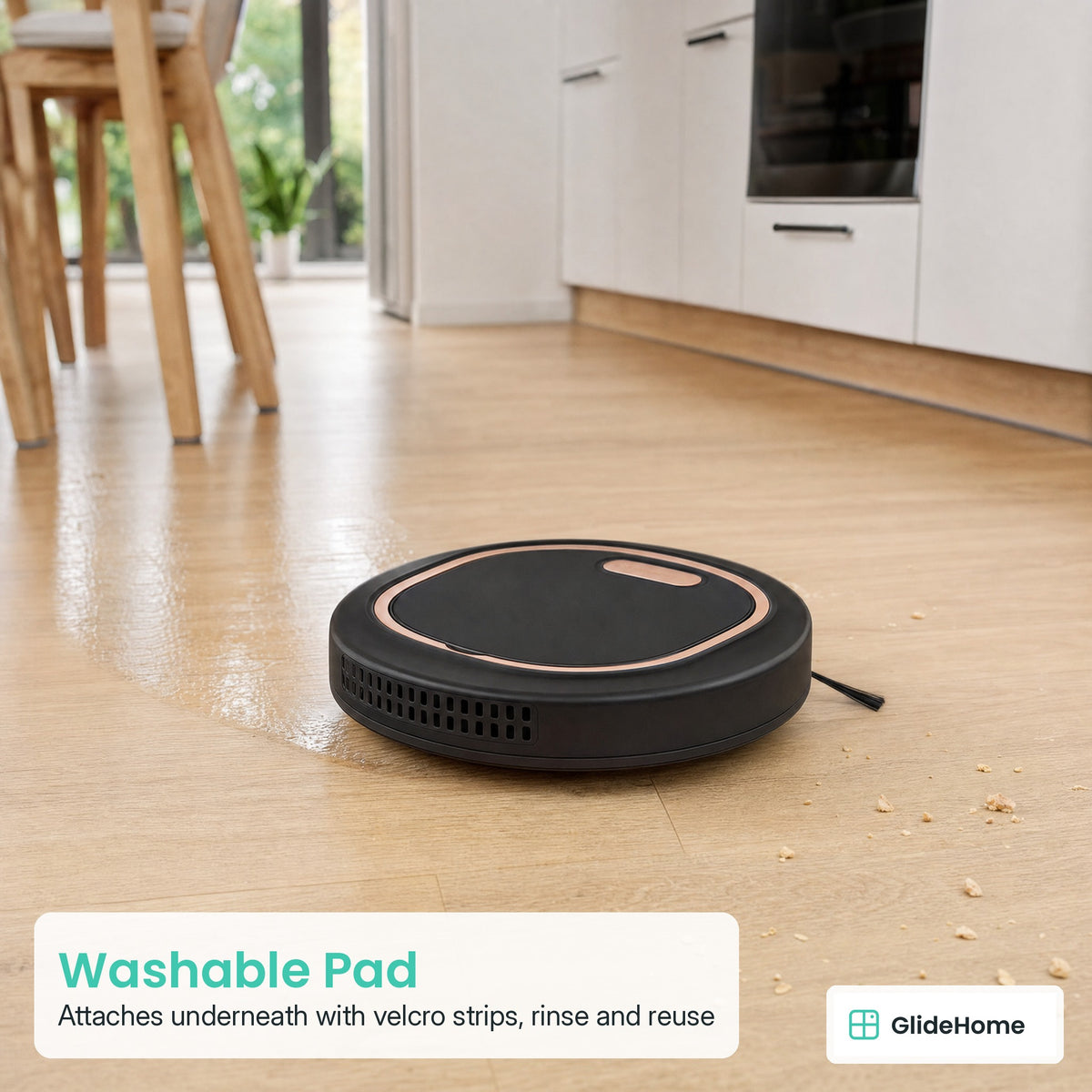 Robot Sweeper - Washable Pad. Attaches underneath with velcro strips, rinse and reuse