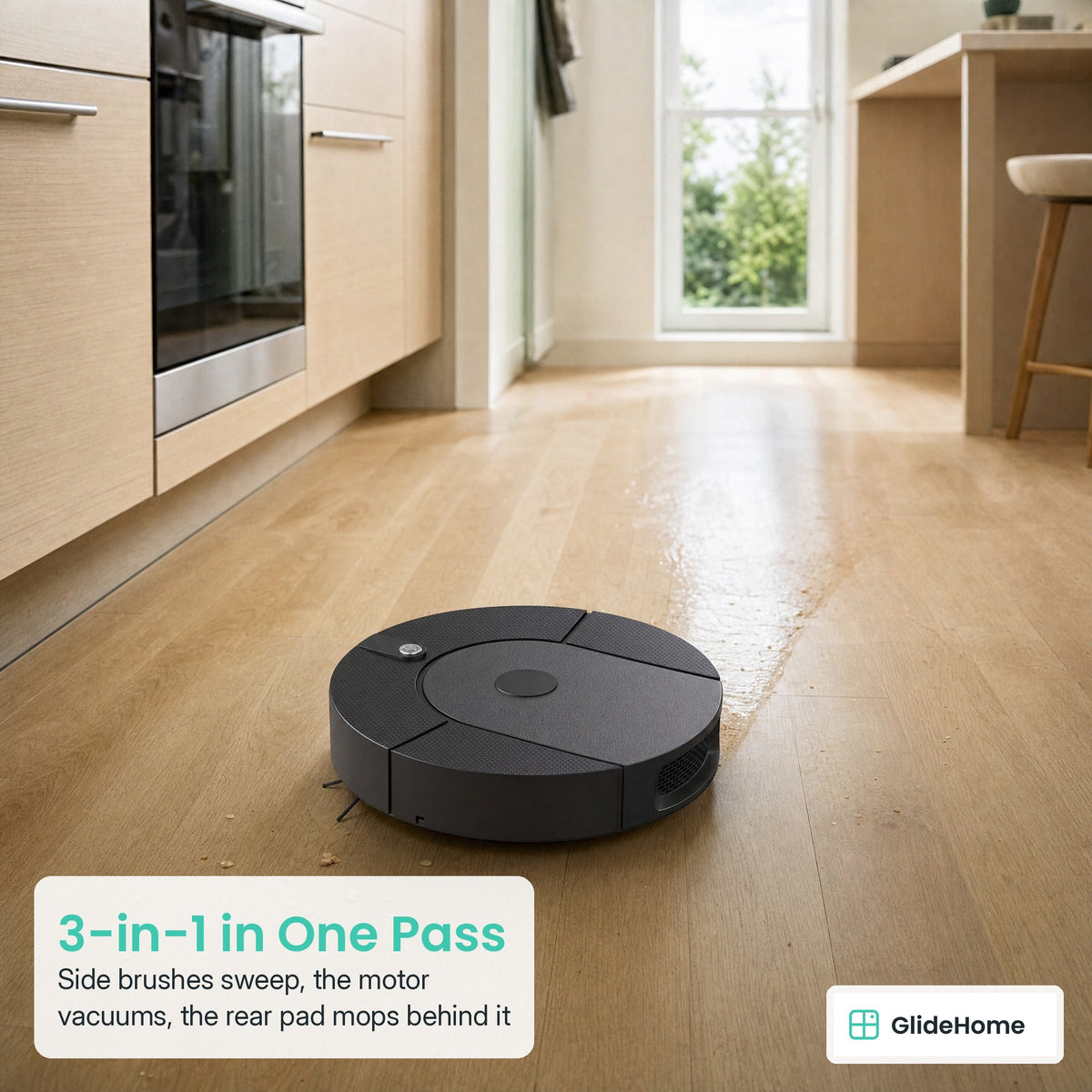 Robot Vacuum and Mop - 3-in-1 in One Pass. Side brushes sweep, the motor vacuums, the rear pad mops behind it