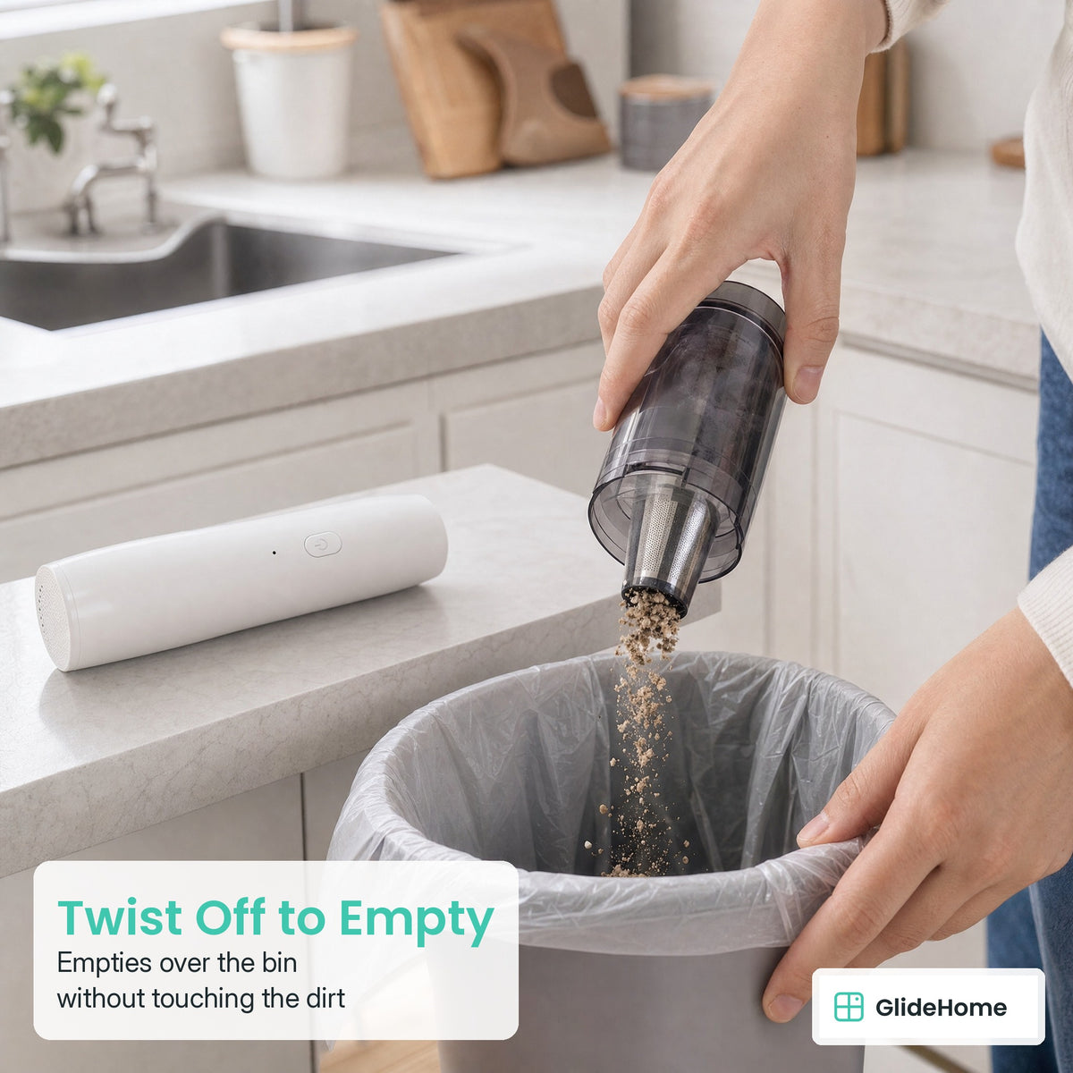 Slim Cordless Car Vacuum - Twist Off to Empty. Empties over the bin without touching the dirt