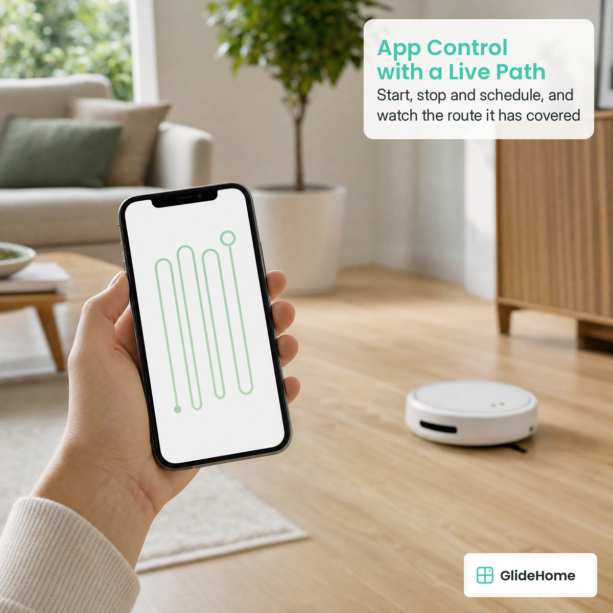 Smart Robot Vacuum and Mop - App Control with a Live Path. Start, stop and schedule, and watch the route it has covered