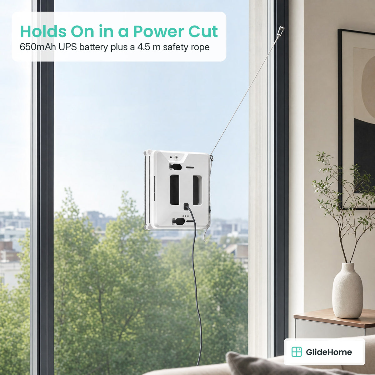 Smart Window Cleaning Robot - Holds On in a Power Cut. 650mAh UPS battery plus a 4.5 m safety rope