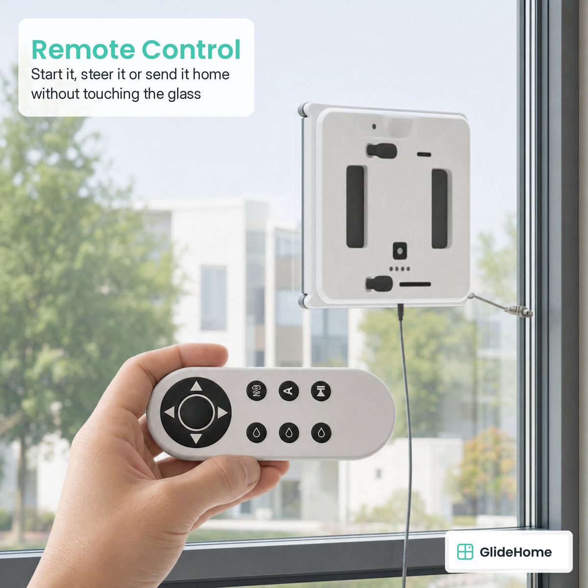 Smart Window Cleaning Robot - Remote Control. Start it, steer it or send it home without touching the glass