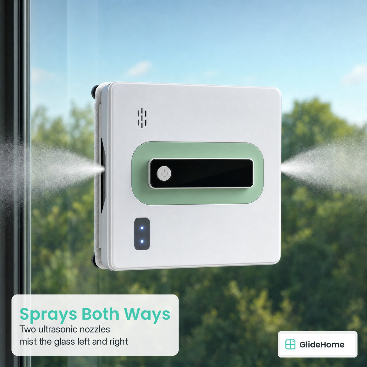 Square Frameless Window Cleaning Robot - Sprays Both Ways. Two ultrasonic nozzles mist the glass left and right