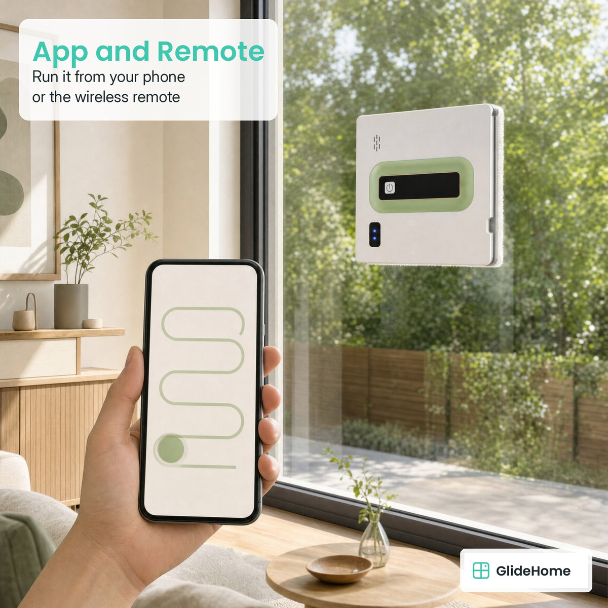 Square Frameless Window Cleaning Robot - App and Remote. Run it from your phone or the wireless remote