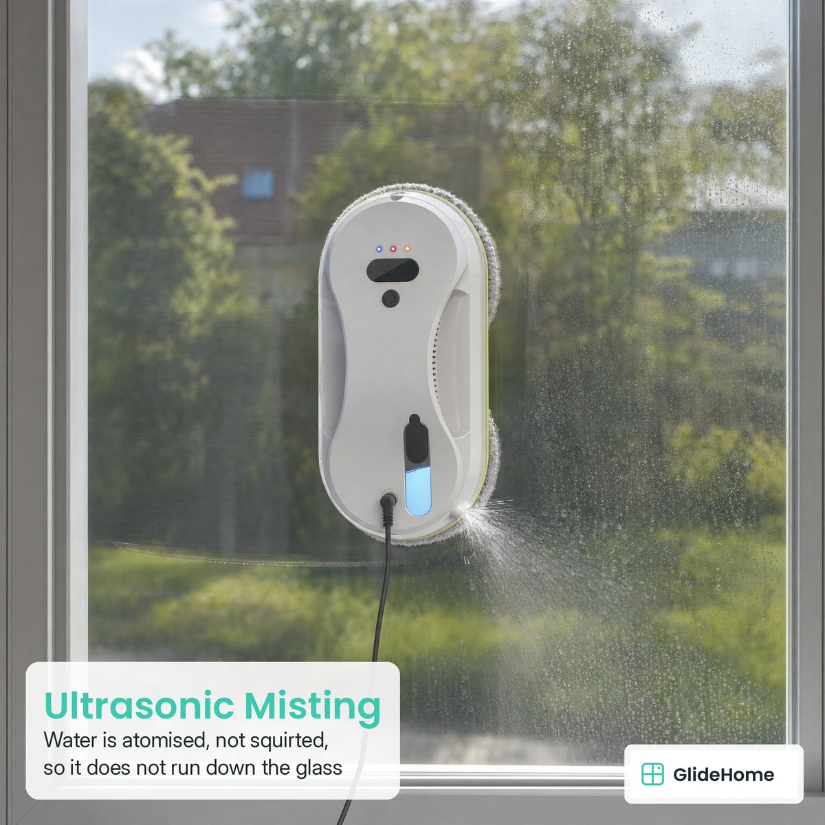 Ultrasonic Spray Window Cleaning Robot - Ultrasonic Misting. Water is atomised, not squirted, so it does not run down the glass