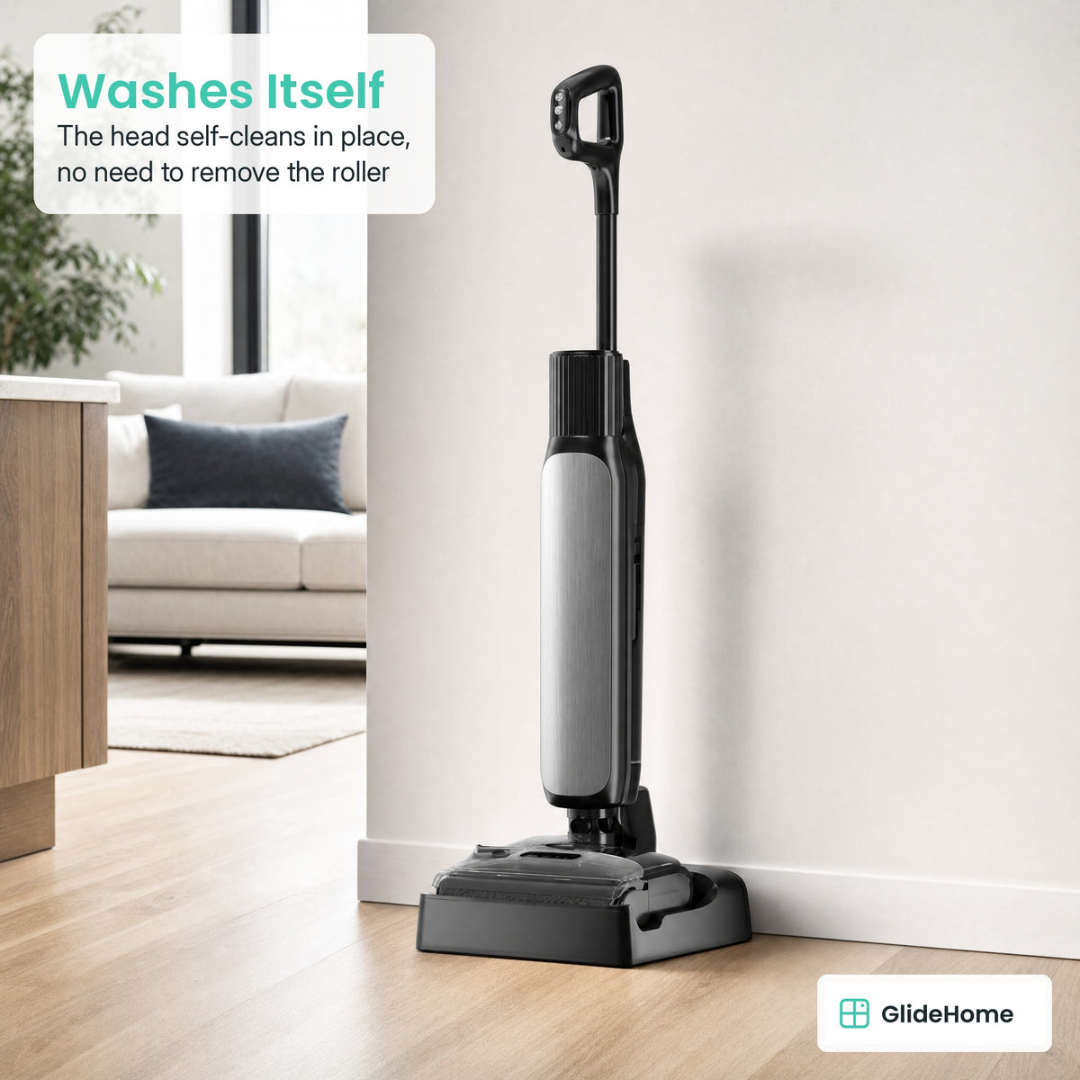 W47 Cordless Wet-Dry Floor Scrubber - Washes Itself. The head self-cleans in place, no need to remove the roller