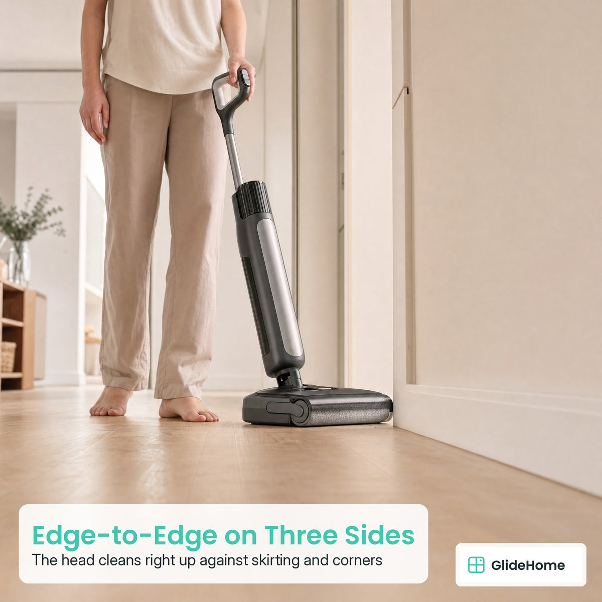 W47 Cordless Wet-Dry Floor Scrubber - Edge-to-Edge on Three Sides. The head cleans right up against skirting and corners