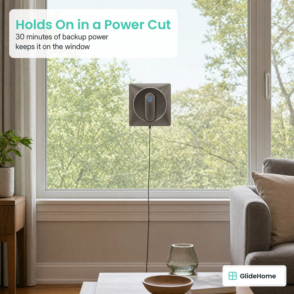 Window Cleaning Robot with Two-Way Water Spray - Holds On in a Power Cut. 30 minutes of backup power keeps it on the window