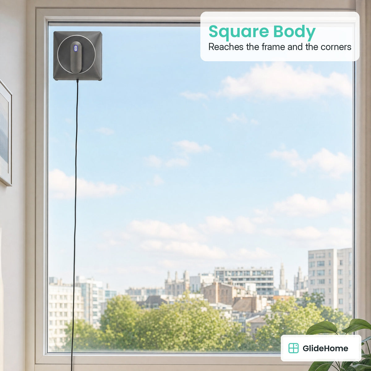 Window Cleaning Robot with Two-Way Water Spray - Square Body. Reaches the frame and the corners