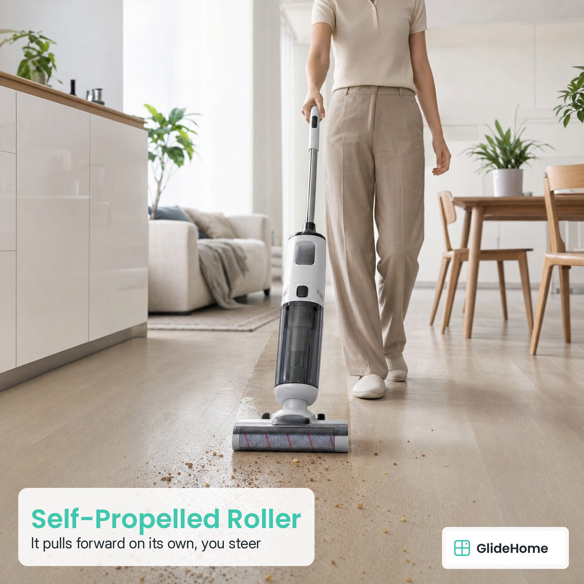 X4 Lightweight Cordless Floor Scrubber - Self-Propelled Roller. It pulls forward on its own, you steer