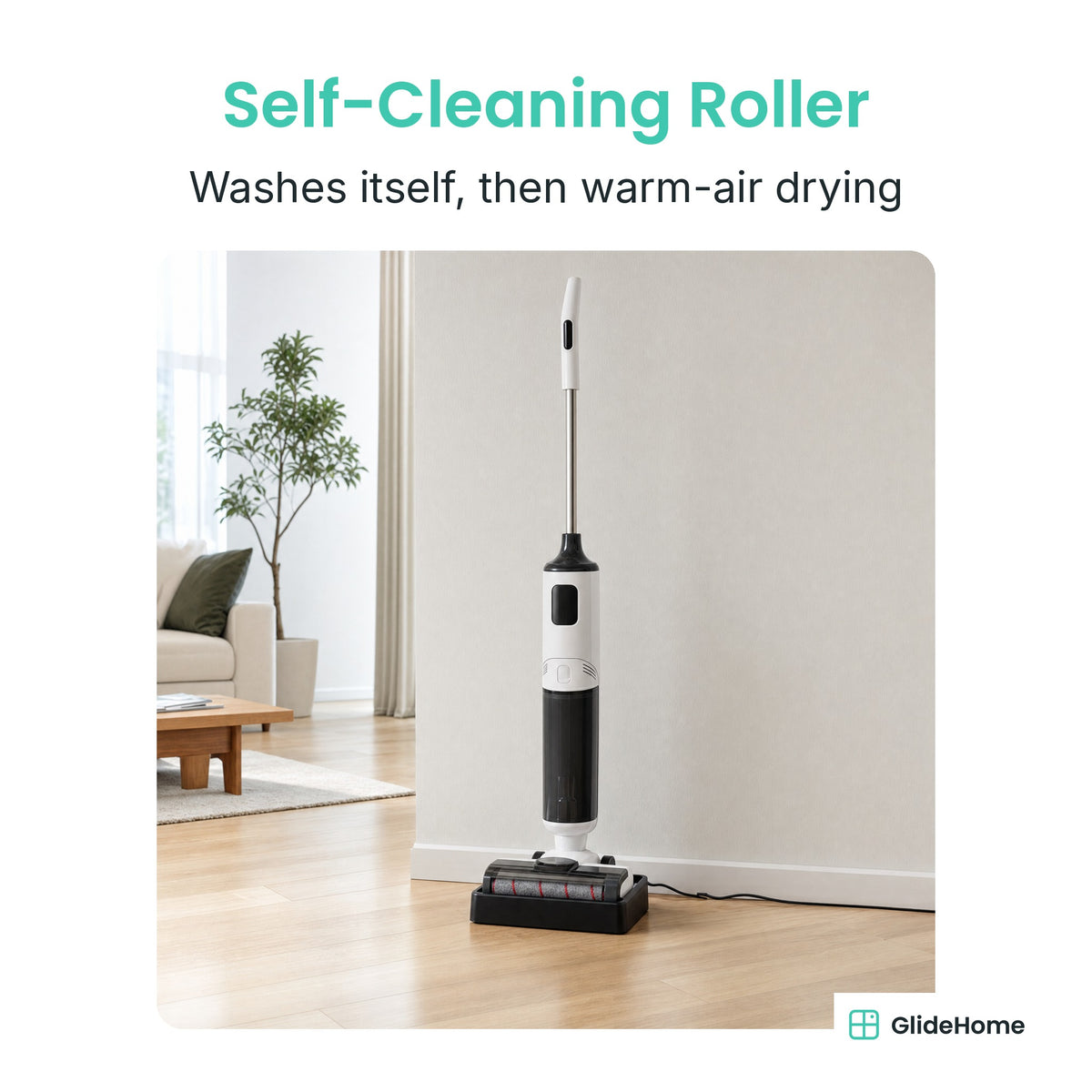 X4 Lightweight Cordless Floor Scrubber - Self-Cleaning Roller. Washes itself, then warm-air drying